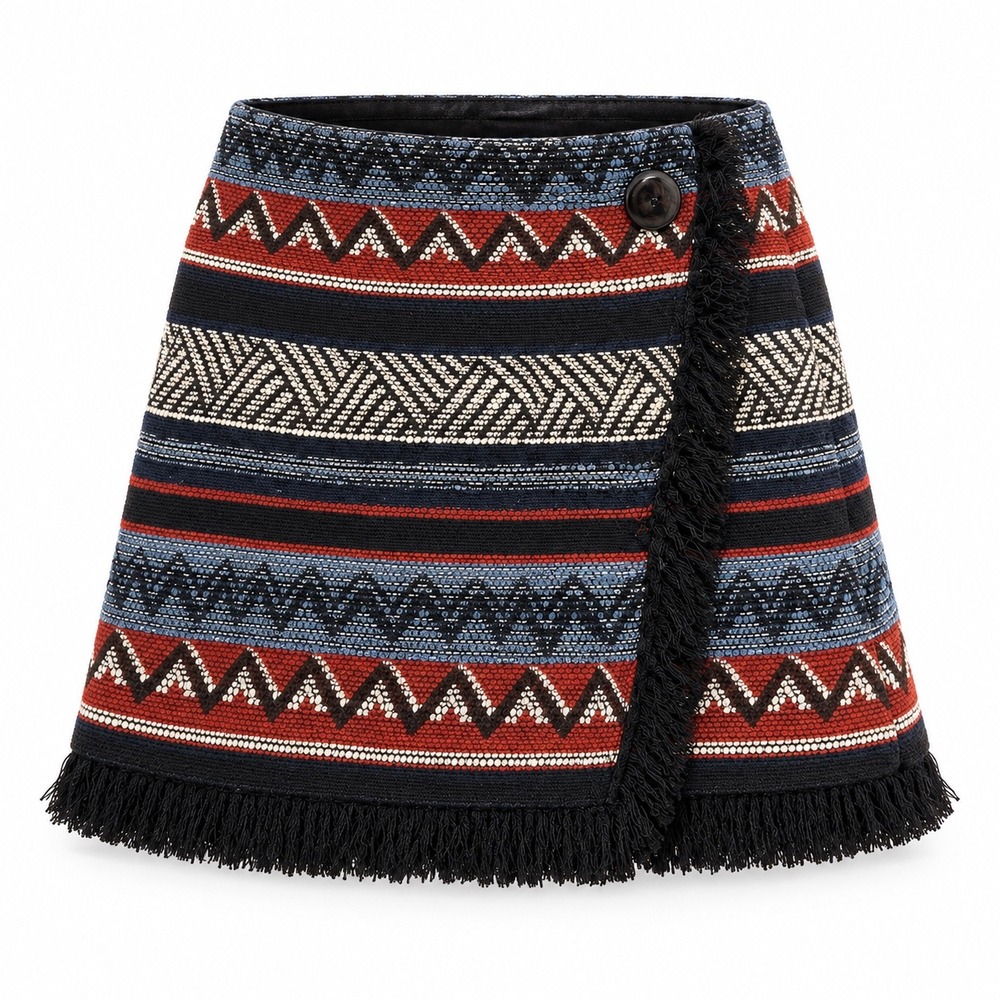 Sam Edelman Women's Size 8 Wrap Mini Skirt Woven Geometric Fringe Boho Fall - Picture 6 of 13